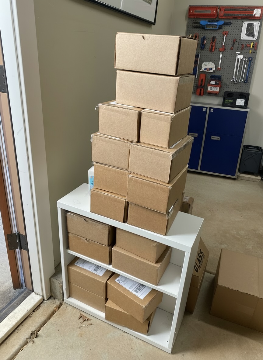A bunch of online store boxes that need to be shipped