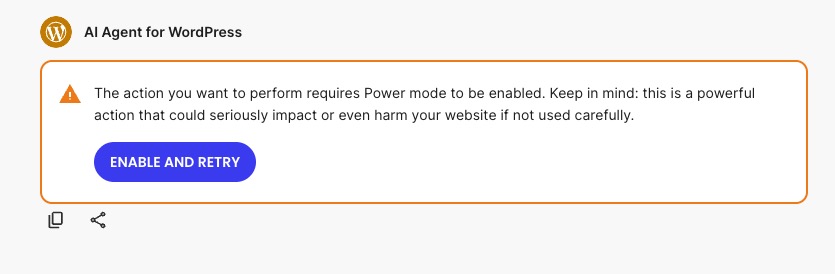 Alert from the SiteGround AI Agent for WordPress that Power Mode is required for a change