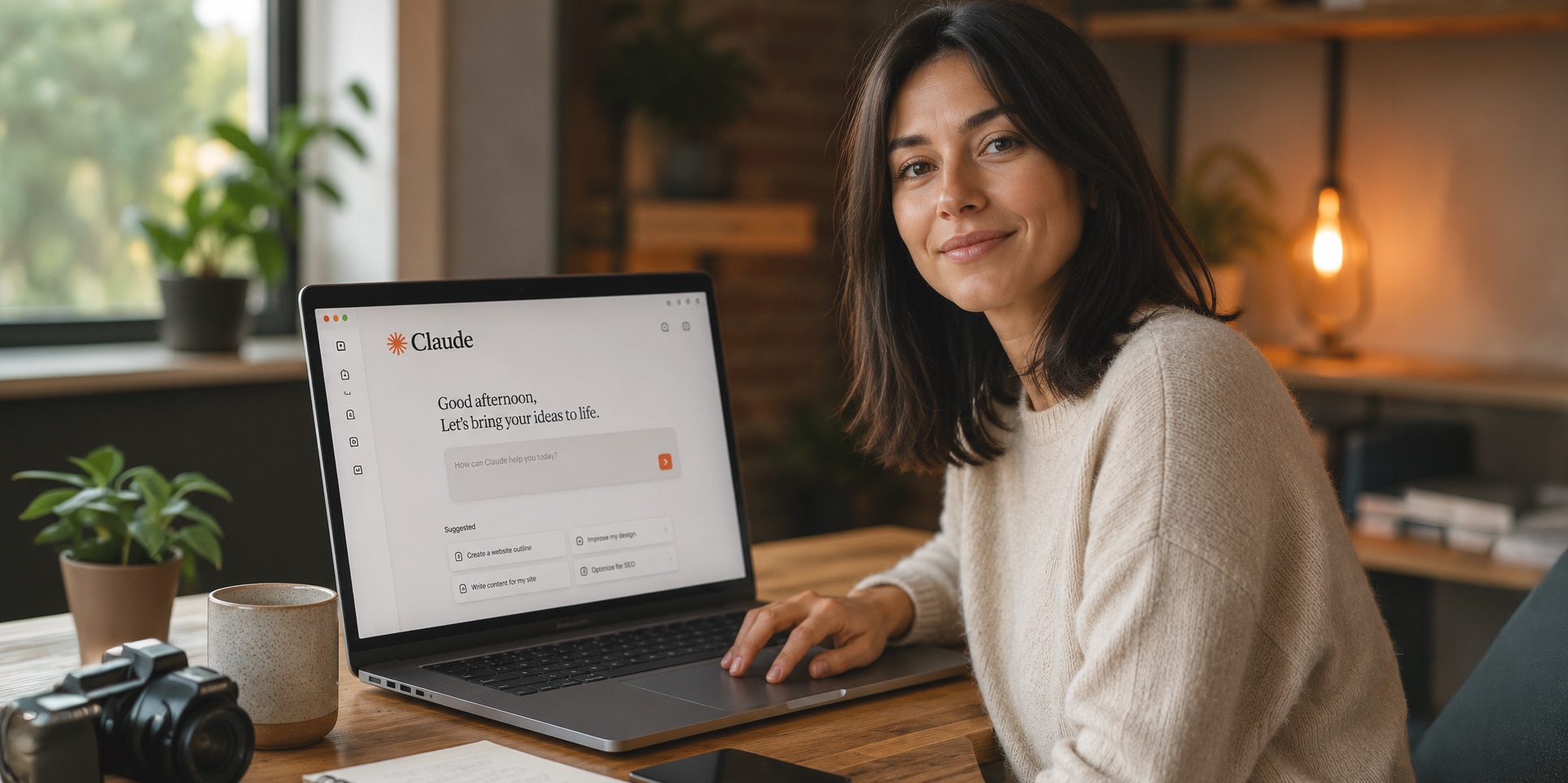 A woman smiling at her desk with Claude AI open on her laptop, surrounded by plants and a coffee mug