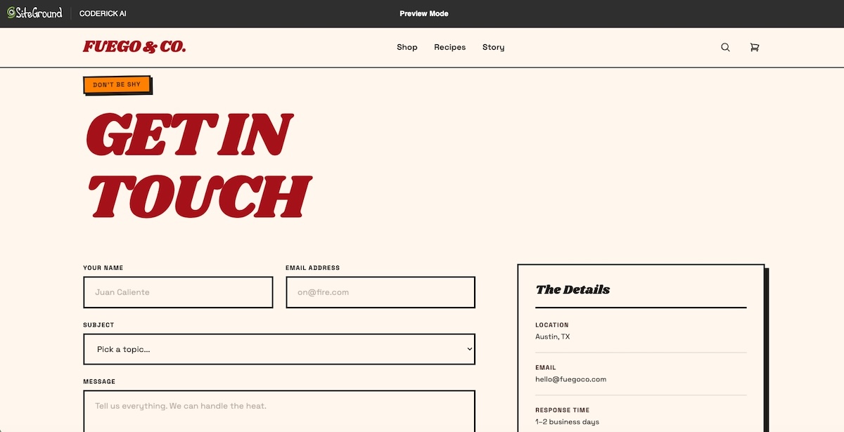Creating and checking forms on a website created by Coderick AI