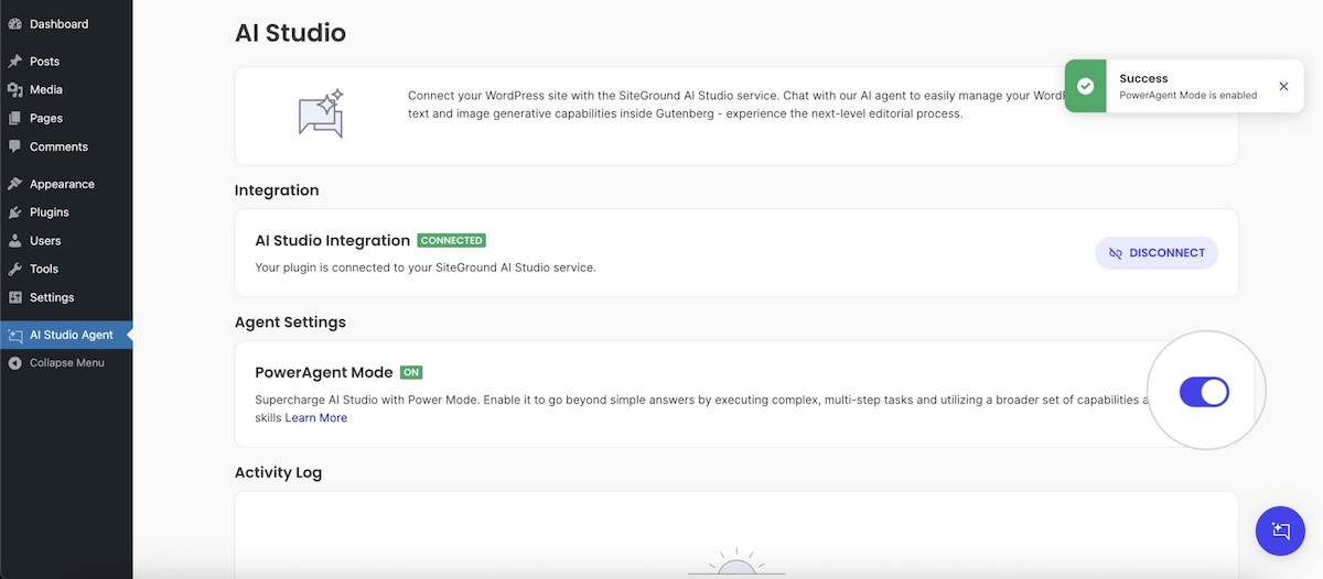 Enable Power Mode in the SiteGround AI Agent for WordPress