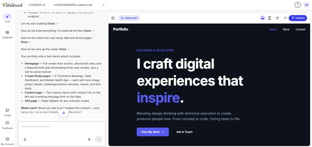 Example of a website being created by Coderick AI based on a simple prompt