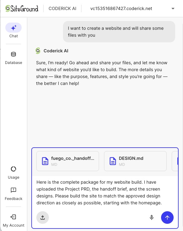 Giving Coderick AI the full handoff package from Google Stitch to create a website
