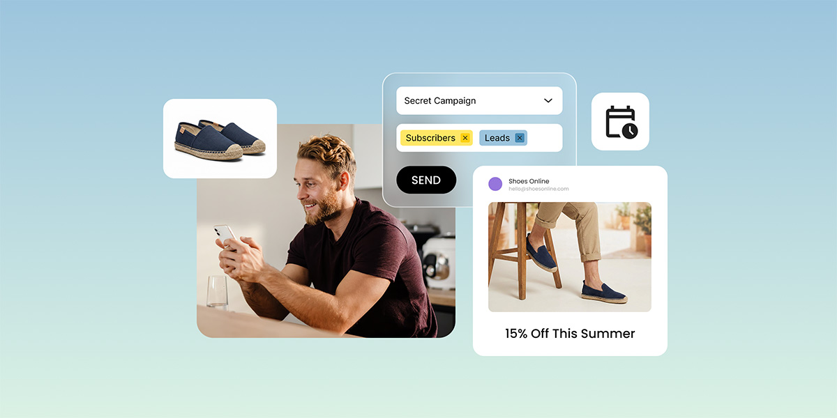 SiteGround Email Marketing dashboard showing a campaign being sent to subscribers and leads, with a promotional email preview displaying a 15% summer discount for a shoe store.