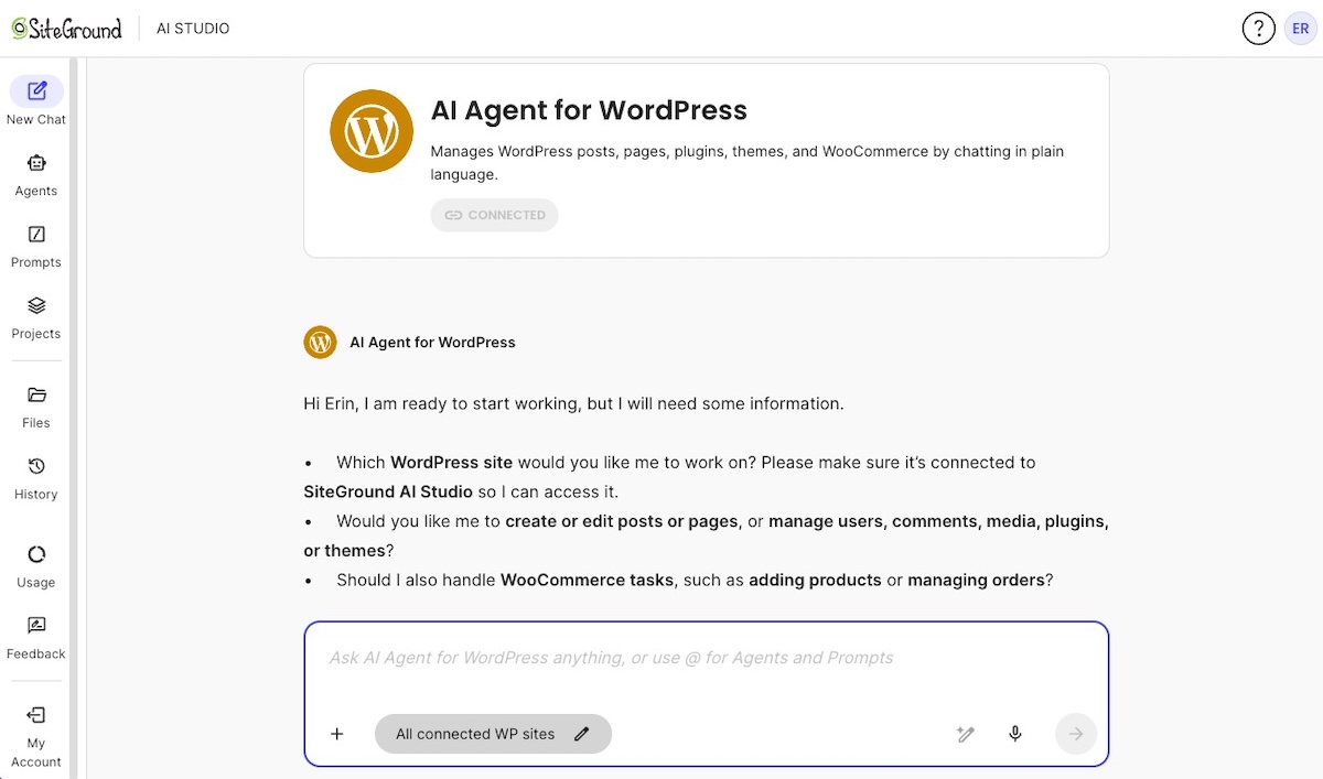 Multiple WordPress sites connected to SiteGround AI Studio so that changes can be made with the AI Agent for WordPress