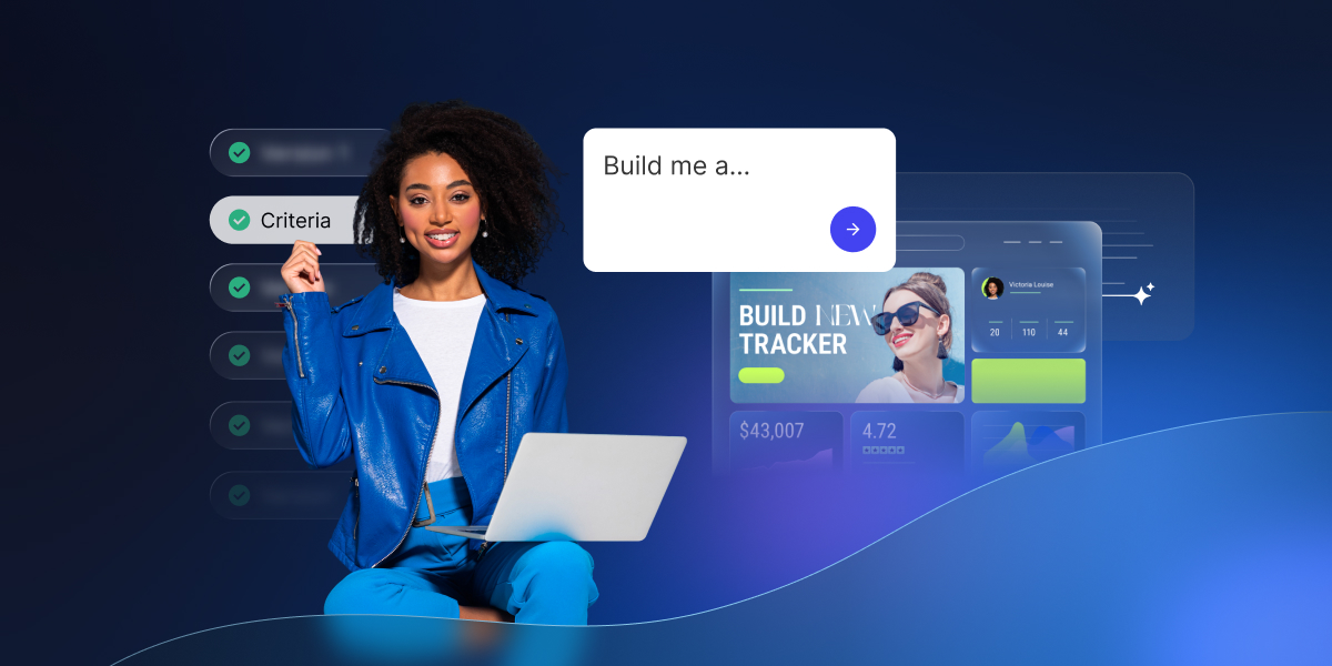 A digital graphic featuring a woman with curly dark hair wearing a bright blue leather jacket and blue pants, sitting with a laptop on her lap. She smiles toward the camera against a dark blue background with abstract blue curves at the bottom. To her left, a vertical list of translucent menu options with green checkmarks is displayed, with one highlighted button clearly labeled "Criteria." An overlay in the center shows a white text input box containing the prompt "Build me a..." and a blue button with a white arrow. In the background to the right, a translucent app dashboard interface is visible, showcasing metrics, graphs, and a profile section.
