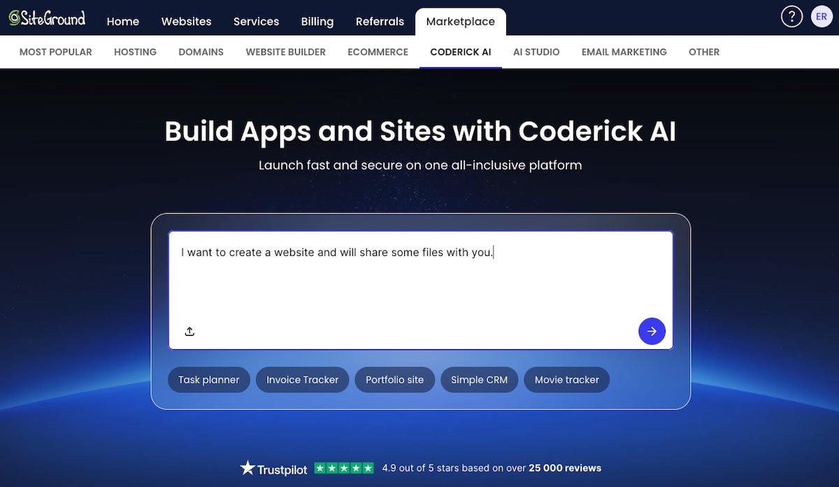 Prompting Coderick AI with a simple command to get a website started