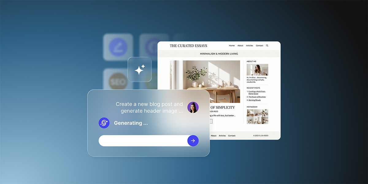 SiteGround AI Agent for WordPress chat interface showing a prompt to create a new blog post and generate a header image, with a minimalist lifestyle blog in the background