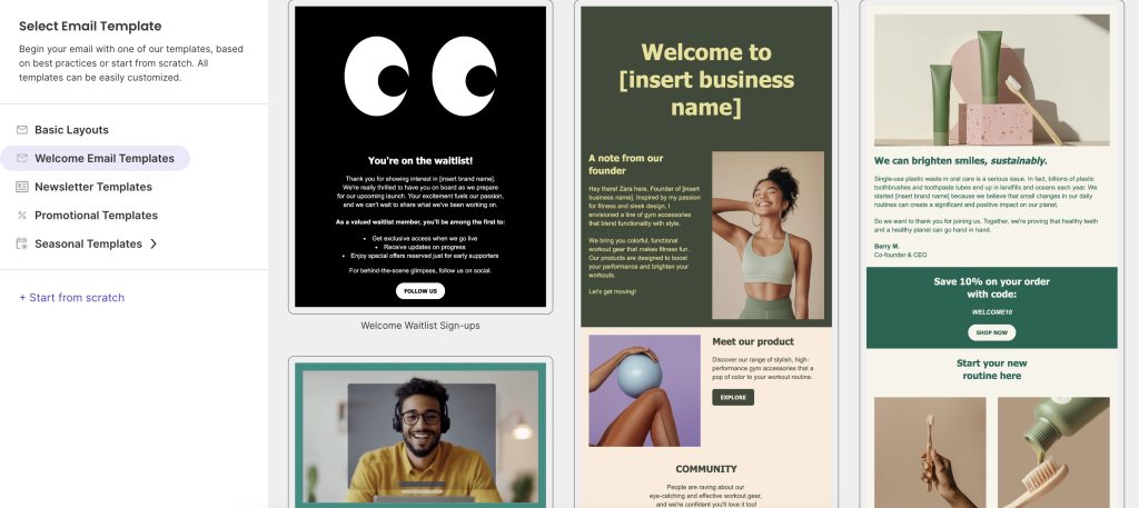 SiteGround Email Marketing template selector showing Welcome Email Templates, including a waitlist sign-up, a founder introduction, and a sustainability-focused welcome email with a discount code.