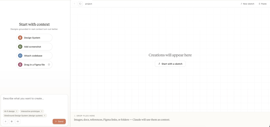 Claude AI's design tool interface showing options to add a design system, screenshot, codebase, or Figma file, with the SiteGround Design System loaded as context