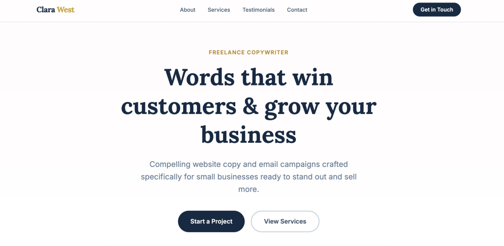 Desktop view of a freelance copywriter website for Clara West, built with Coderick AI, featuring a hero section with the headline "Words that win customers & grow your business" and two call-to-action buttons: Start a Project and View Services.
