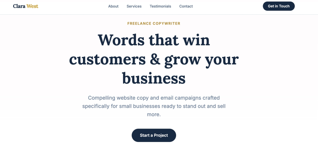 Updated desktop view of the Clara West copywriter website built with Coderick AI, after iterating with AI, now showing a single "Start a Project" call-to-action button instead of two, reflecting a cleaner layout.