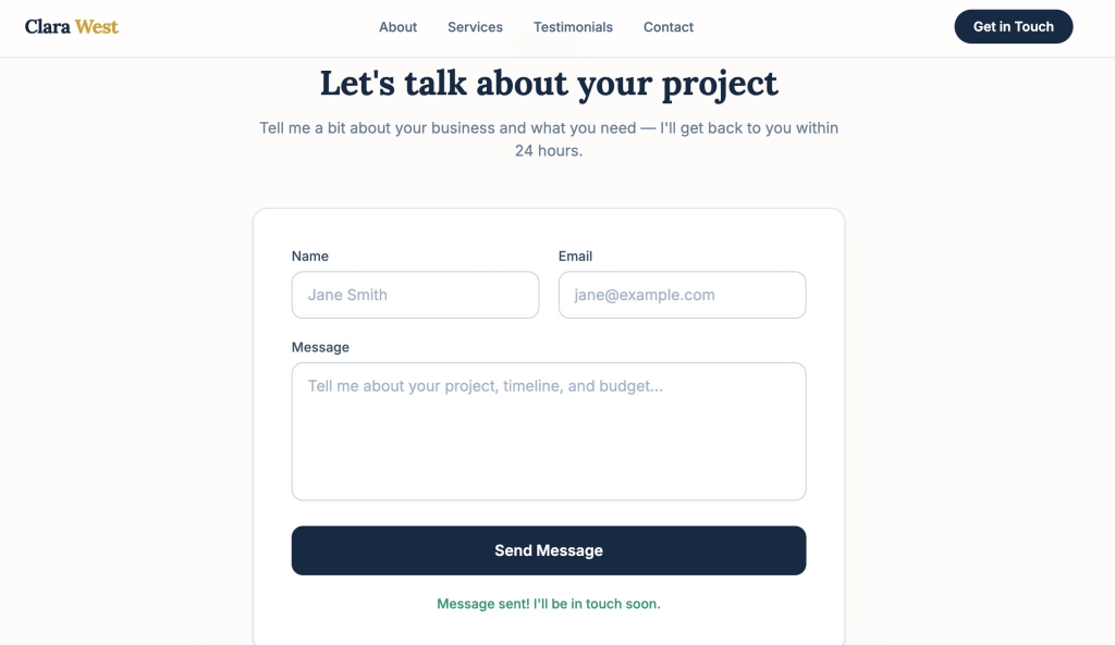 Contact section of the Clara West website showing a form with Name, Email, and Message fields, and a green confirmation message reading "Message sent! I'll be in touch soon." after submission.