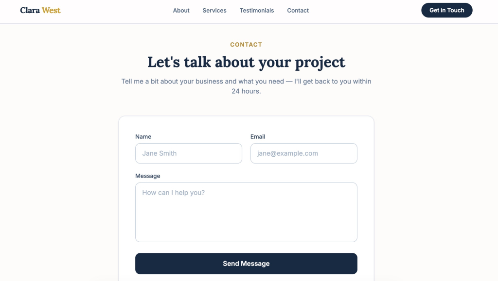 Contact section of the Clara West freelance copywriter website with a CONTACT label, the heading "Let's talk about your project," and a form containing Name, Email, and Message fields above a Send Message button.