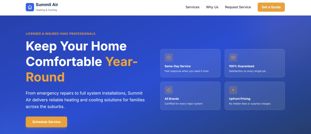 Hero section of the Summit Air website generated by AI, featuring a blue background, headline "Keep Your Home Comfortable Year-Round," and four service highlight cards: Same-Day Service, 100% Guaranteed, All Brands, and Upfront Pricing