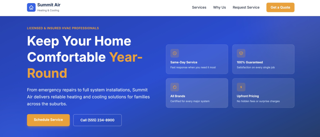Updated hero section of the Summit Air website after a refinement prompt, now showing two call-to-action buttons — Schedule Service and Call (555) 234-8900 — alongside the same four service cards