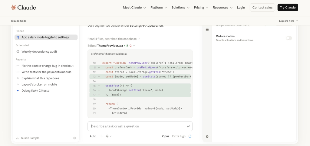 Claude Code interface showing an AI-assisted dark mode toggle implementation with edited ThemeProvider.tsx file