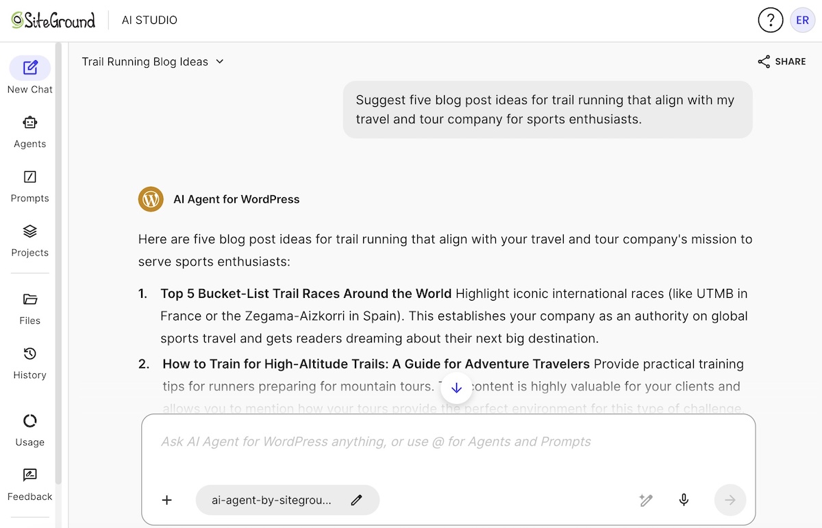 SiteGround AI Agent for WordPress helping produce content ideas