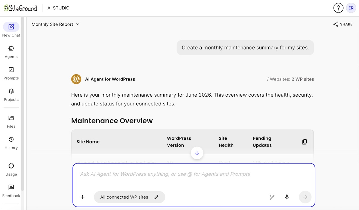 SiteGround AI Agent for WordPress running a monthly maintenance routine