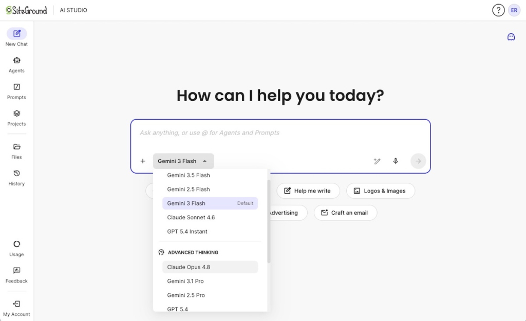 SiteGround AI Studio chat window where you can select which LLM model to use