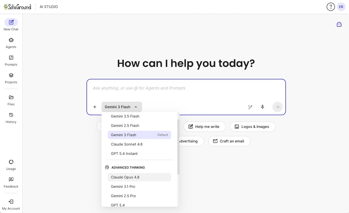 SiteGround AI Studio chat window where you can select which LLM model to use