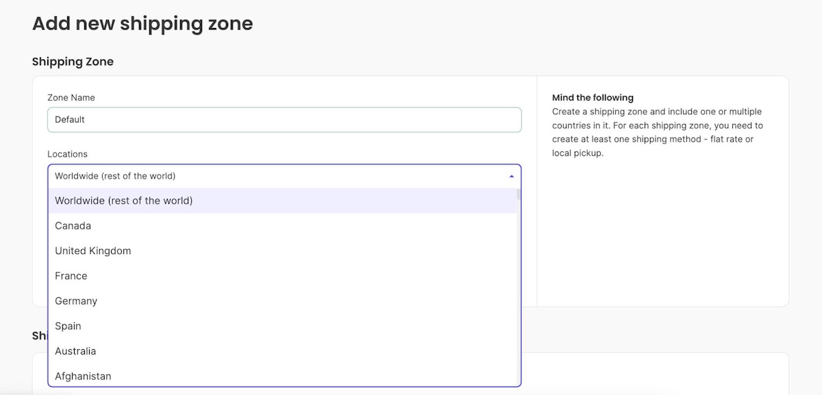 adding a new shipping zone in SiteGround Ecommerce