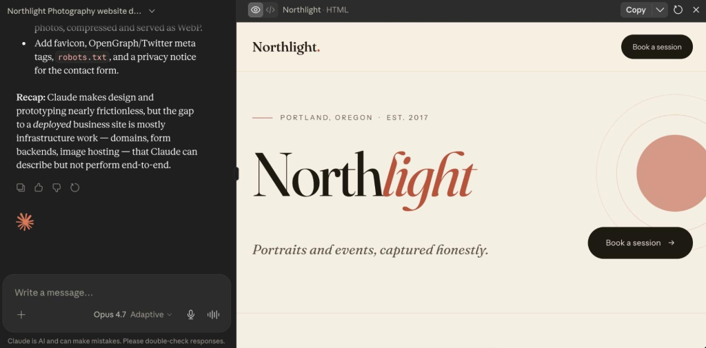 Claude interface showing an artifact in the side panel: a photography portfolio website (Northlight Photography) with hero section and booking buttons