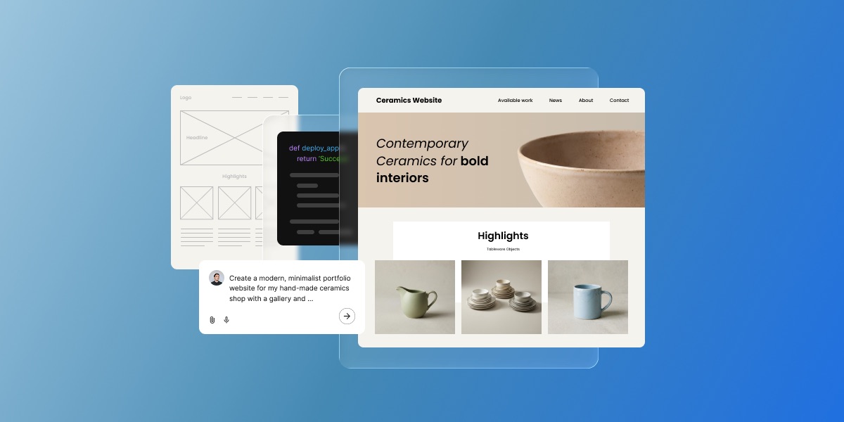 Blue gradient background showcasing website design process with mockups, wireframes, code editor, and finished website examples