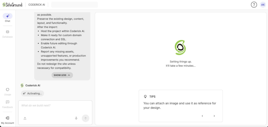 Coderick AI project initialization screen with loading spinner and "Setting things up..." message