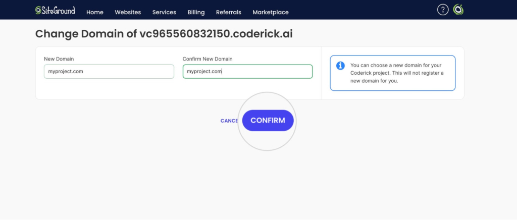 SiteGround domain change form with input fields for new domain and confirmation button