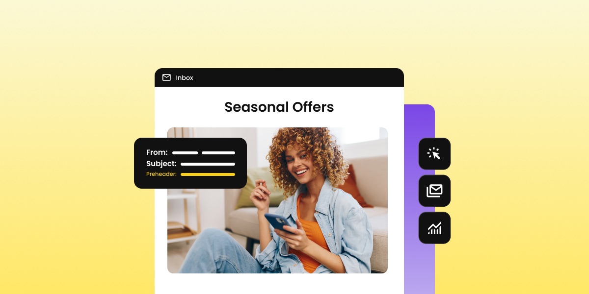 Illustration of an inbox preview showing the sender name, subject line, and preheader highlighted, with a person reading an email on a smartphone
