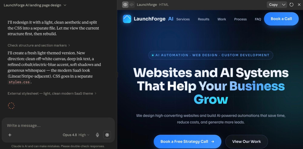 Claude chat interface with conversation about redesigning a LaunchForge AI landing page, showing design refinement discussion