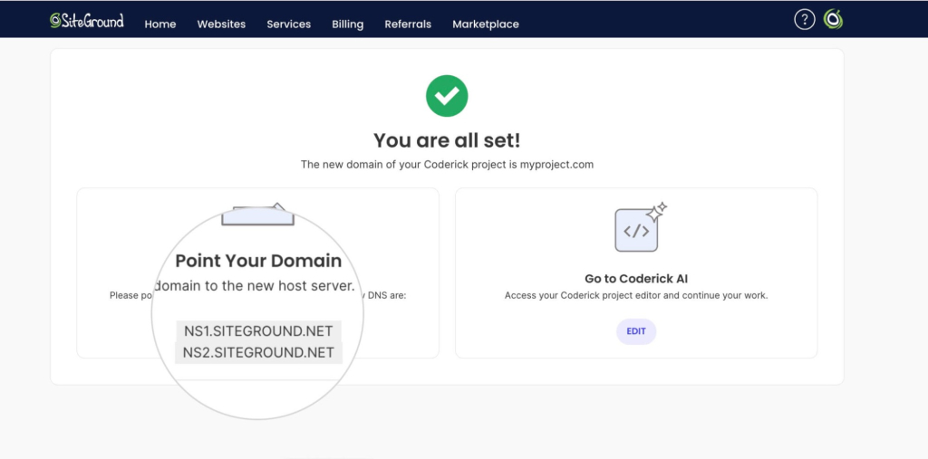 Success confirmation screen showing "You are all set!" with SiteGround DNS records (NS1.SITEGROUND.NET, NS2.SITEGROUND.NET) and instructions to point domain