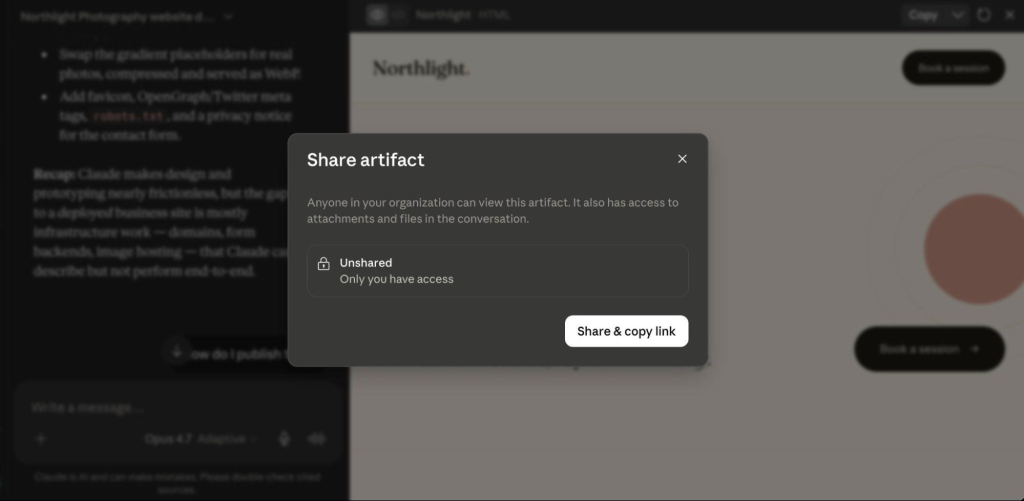Share artifact modal dialog showing sharing options with "Unshared" status and "Share & copy link" button