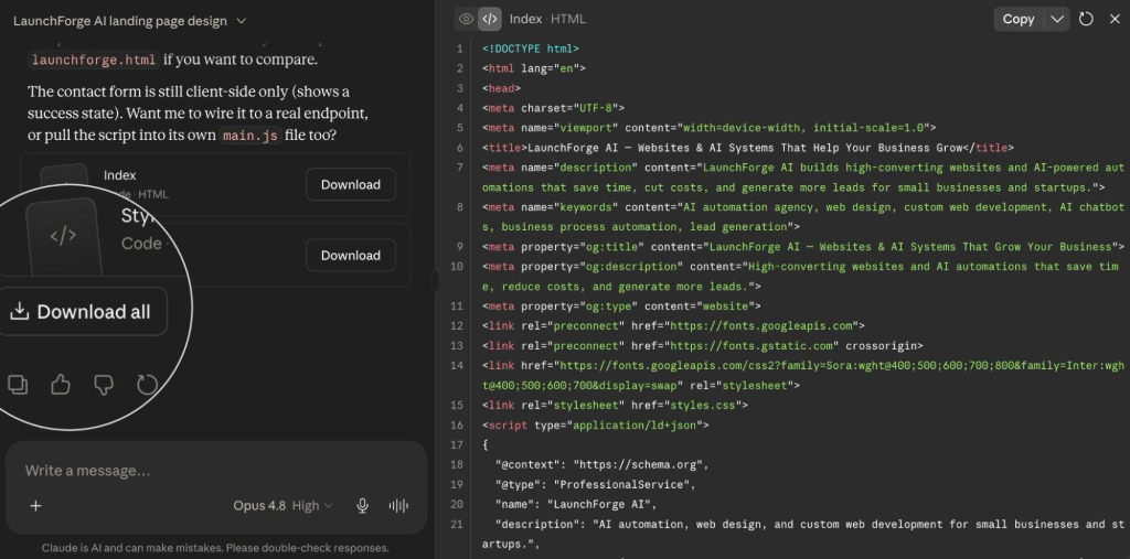 Code view of an artifact showing HTML file structure and Download all button to export source files