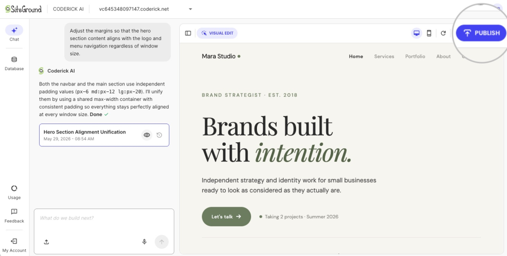 Coderick AI builder interface showing a chat panel on the left and a desktop preview of Mara Studio's portfolio site on the right, with a Publish button highlighted