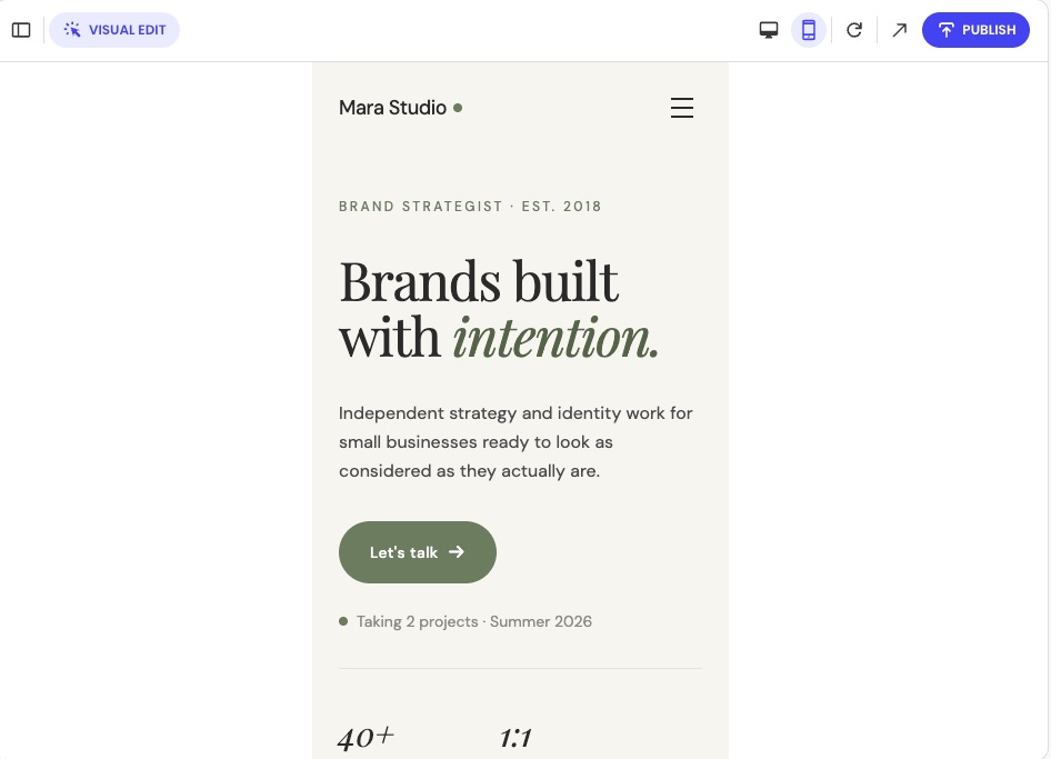 Mobile preview of a portfolio website for Mara Studio built with Coderick AI, showing responsive layout with hero text, a call-to-action button, and navigation menu