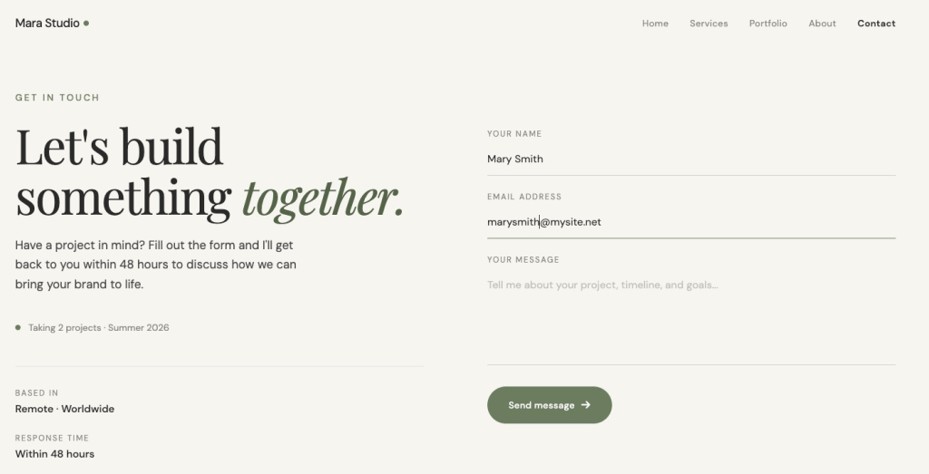 A contact page for Mara Studio generated with Coderick AI, featuring a headline, contact form with name, email, and message fields, and a Send message button
