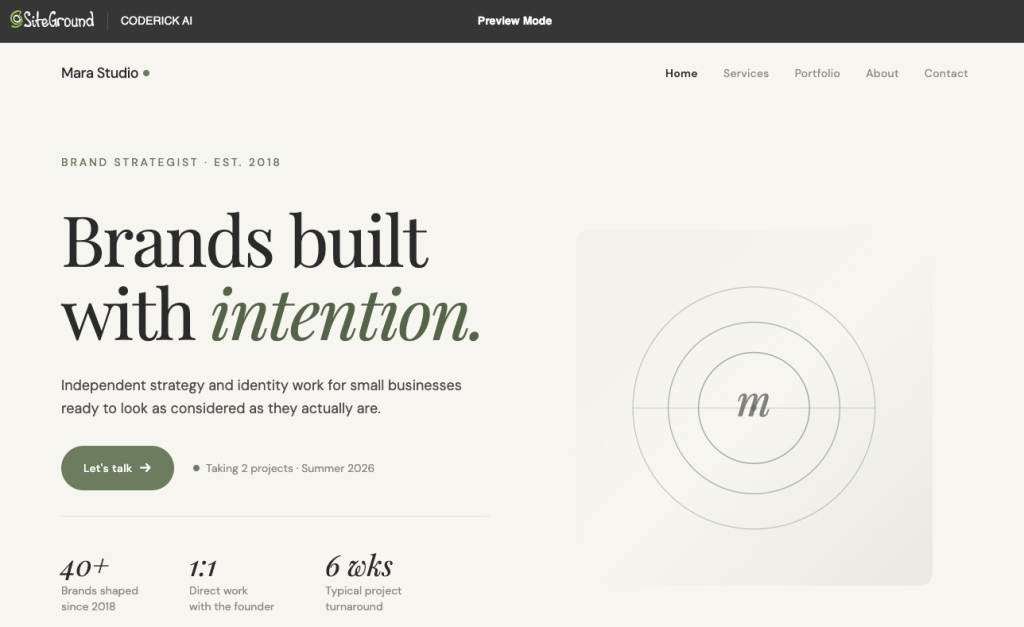 Mara Studio portfolio homepage displayed in Coderick AI's preview mode, showing the hero section with brand strategy headline, stats, and minimalist logo mark