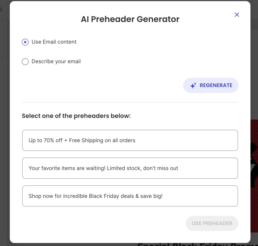 SiteGround Email Marketing AI Preheader Generator showing three preheader options generated from email content, with a Regenerate button
