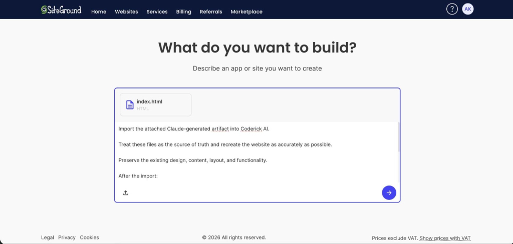 SiteGround Coderick AI interface with file upload area, showing index.html and instructions to import Claude-generated artifact