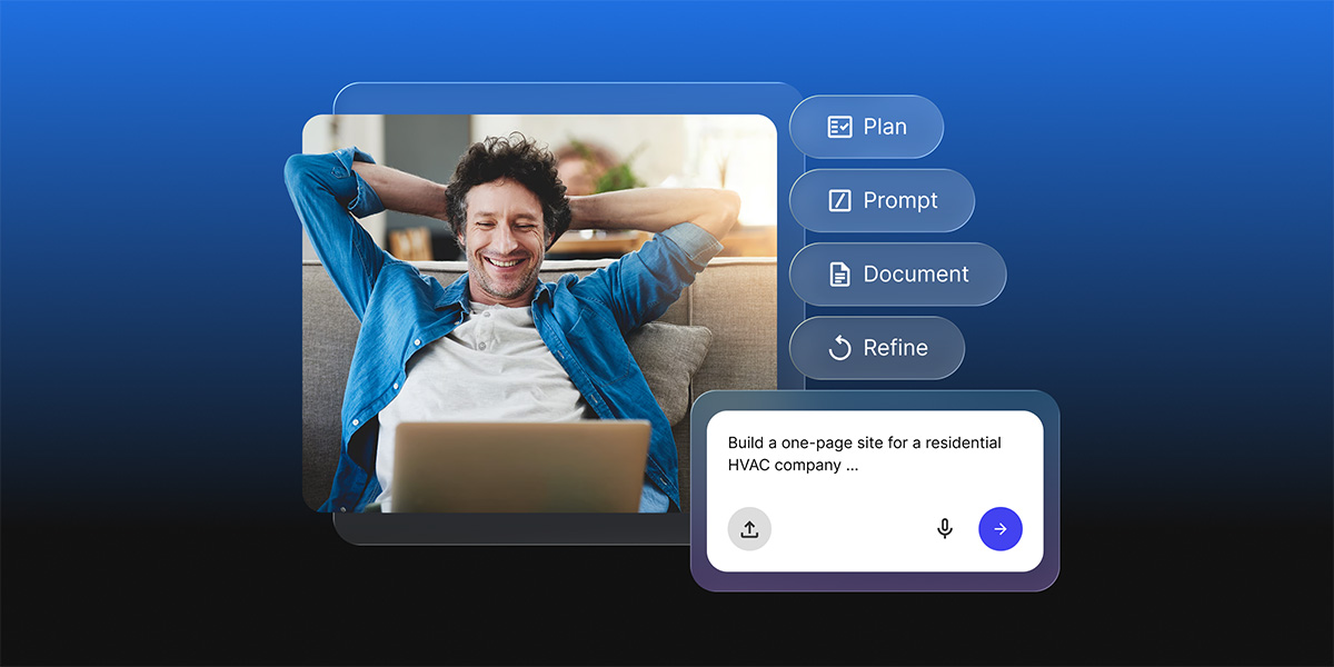 Man relaxing on a couch with a laptop, with an AI prompt interface showing the steps Plan, Prompt, Document, and Refine for building a website