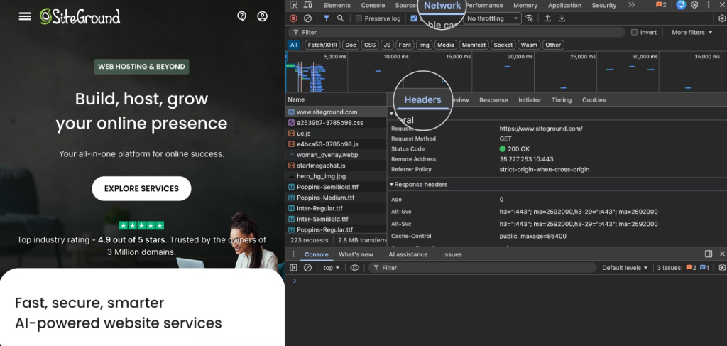 Chrome DevTools Network tab on the SiteGround homepage showing Cache-Control response headers with max-age values
