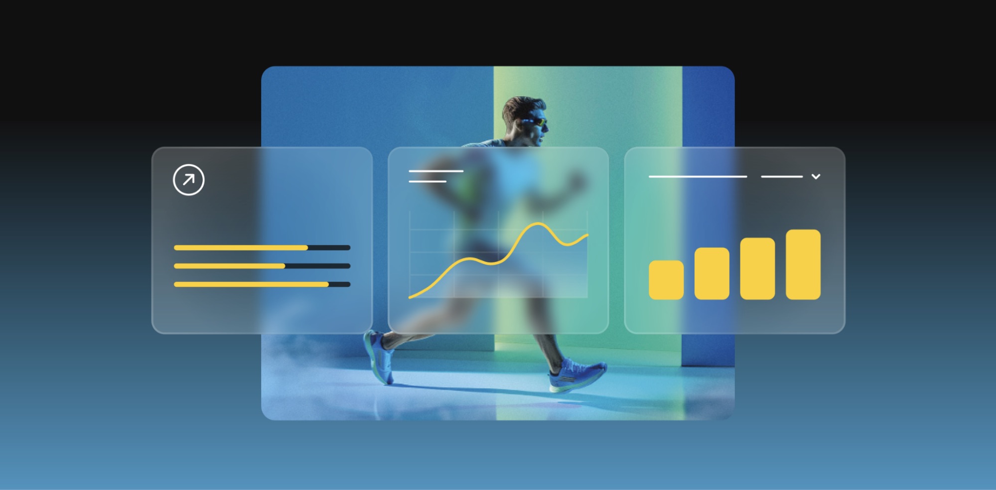 Abstract illustration of website performance dashboards with a running athlete, representing fast website speed across cache layers