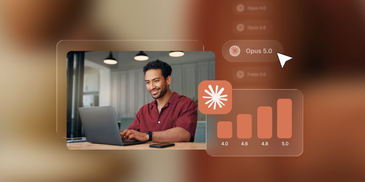 A digital graphic in warm terracotta tones featuring a smiling man working on a laptop at a desk. Floating translucent glassmorphism UI elements highlight AI model updates, including a mouse cursor selecting "Opus 5.0" from a dropdown list and a bar chart widget displaying performance progression across model versions labeled 4.0, 4.6, 4.8, and 5.0 next to an asterisk logo icon.
