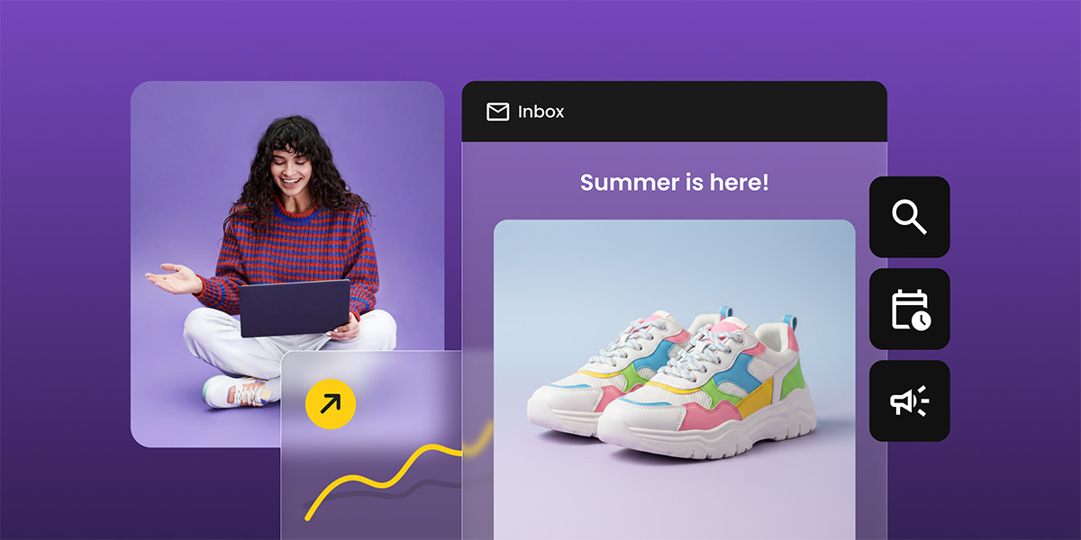 Woman using a laptop next to an email inbox showing a summer product promotion with sneakers