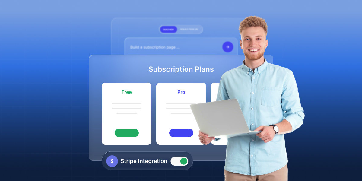 Man holding a laptop next to a subscription plans interface with Free and Pro tiers and a Stripe integration toggle switched on