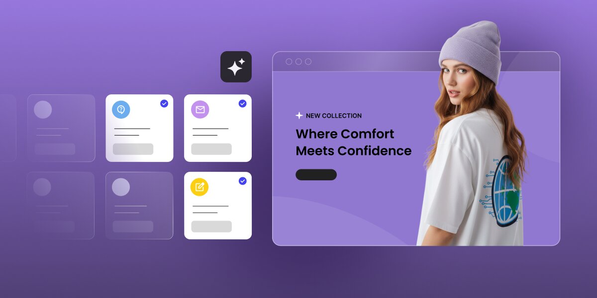 A digital graphic illustrating WordPress AI plugin selection against a purple gradient background. On the right, a browser mockup displays a website hero section featuring a woman in a purple beanie alongside the tag "+ NEW COLLECTION", the headline "Where Comfort Meets Confidence", and a dark call-to-action button. On the left, floating plugin selection cards display active choices marked with blue checkmarks—including circular icons for support, email, and content editing—positioned underneath a black AI sparkle icon button.