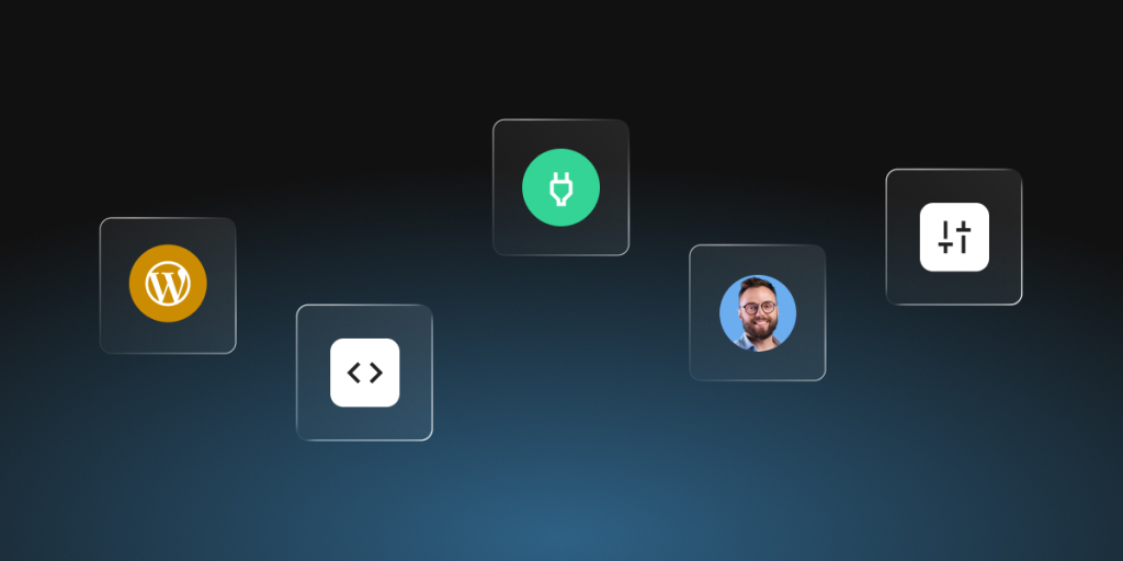 A digital graphic featuring five floating, translucent glassmorphism panels arranged in a staggered horizontal wave against a dark blue gradient background. From left to right, the cards display a gold circle with the WordPress logo, a white square with a coding symbol (<>), a green circle with a power plug icon, a circular portrait of a smiling man with glasses and a beard, and a white square with adjustment slider controls.