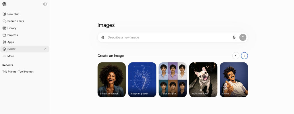 ChatGPT interface showing the Images tab with sample AI-generated photos and a Codex link in the left sidebar